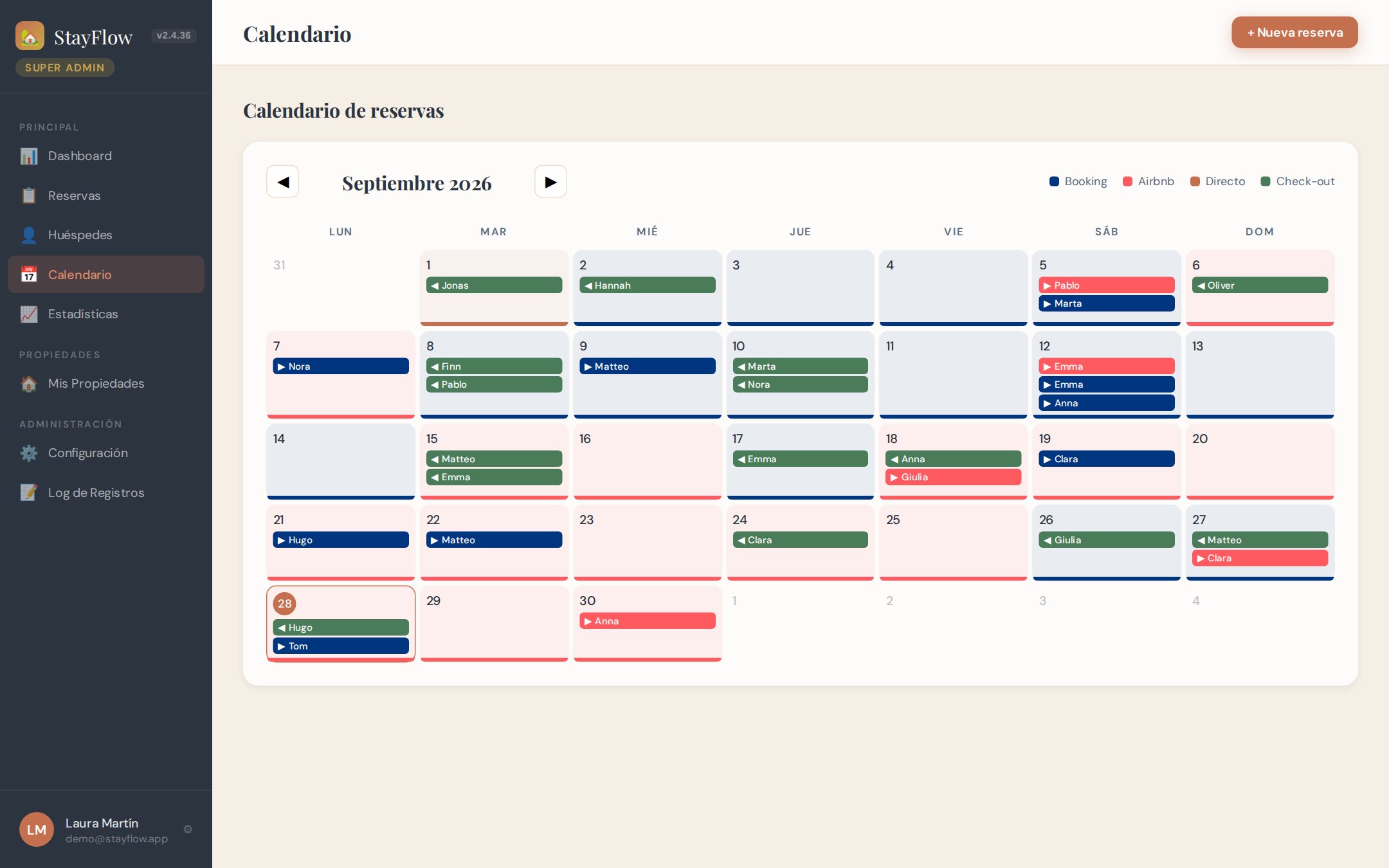 Calendario de reservas de StayFlow